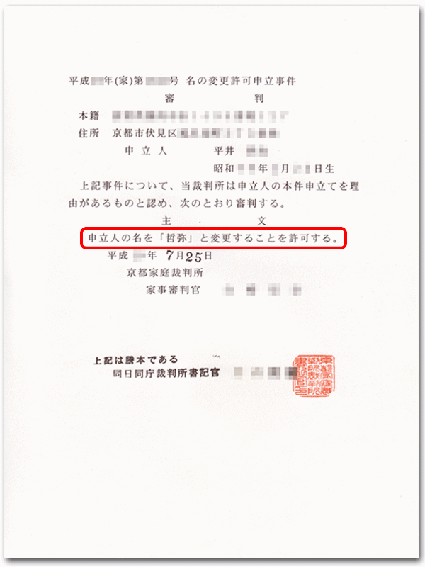 名の変更許可謄本